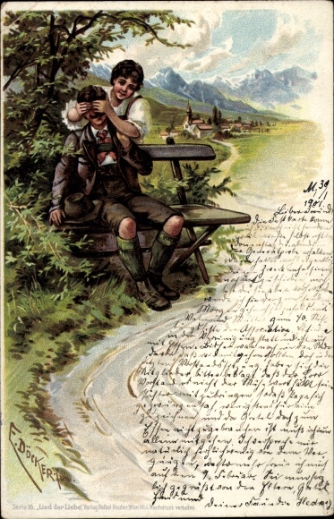 Artist Chromo-Litho Döcker, E., Bavarian couple on a bench, eyes closed