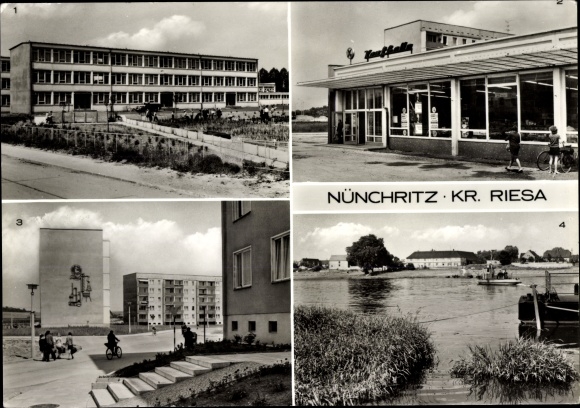 Postcard Nünchritz in Saxony, polytechnic high school, consumer department store, Glaubitzer Strasse, Elbe ferry