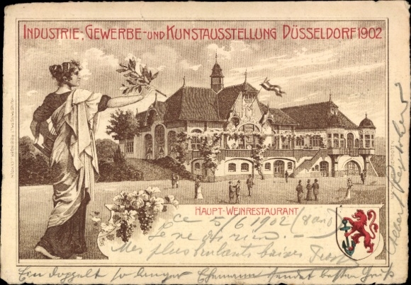 Wappen Litho Düsseldorf am Rhein, Industrie und Gewerbeausstellung 1902, Haupt-Weinrestaurant
