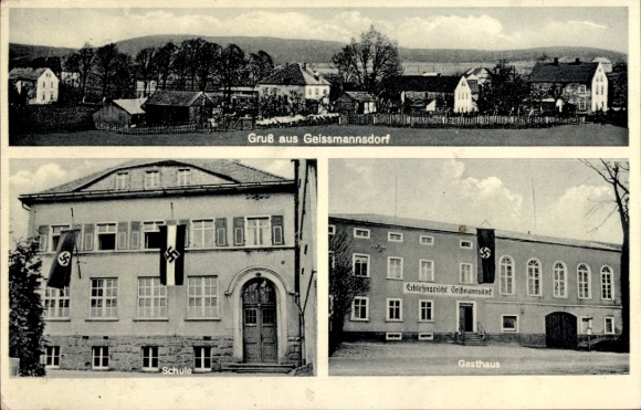 KP Geissmannsdorf Geißmannsdorf Bischofswerda, widok ogólny, zajazd Erblehngericht, szkoła