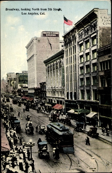Postcard Los Angeles California USA, Broadway, tram, traffic