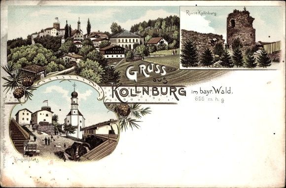 Litho Kollnburg in het Beierse Woud van Neder-Beieren, uitzicht op de ruïnes, kerkplein