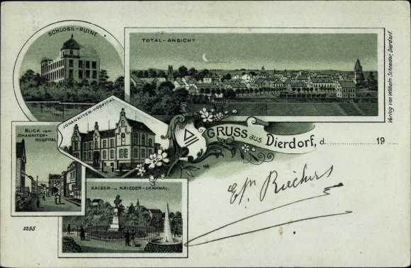 Chromo-Litho Dierdorf Westerwald Castle ruins Total view of the Johanniter Hospital Imperial and war memorial