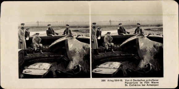 Stereo photo tank turret hit by the Germans in Fort Wavre St. Catherine near Antwerp, WWI