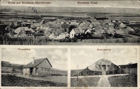 Postcard Bornheim in Rheinhessen, general view, pumping station, high reservoir
