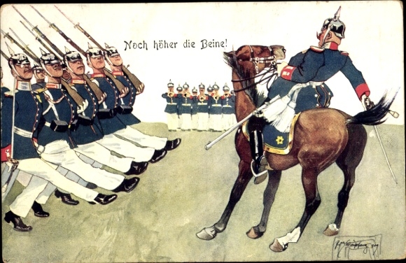 Artist Postcard Schönpflug, Even higher the legs, marching soldiers