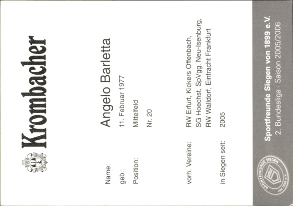 Autograph card footballer Angelo Barletta, Sportfreunde Siegen, autograph