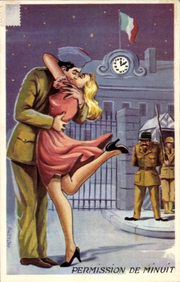 Artist Postcard Midnight Permission, French Soldier, Kiss