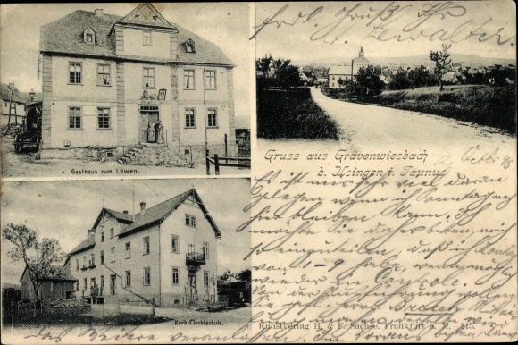 Postcard Grävenwiesbach Hessen, Inn zum Löwen, basket weaving school, street section