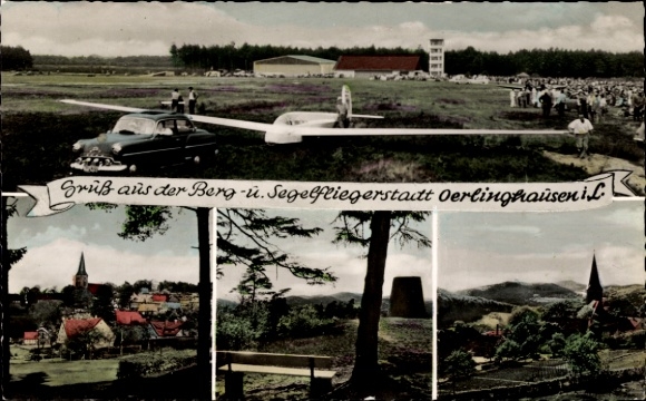 Ak Oerlinghausen im Kreis Lippe, Teilansicht, Segelflugzeug, Flugplatz