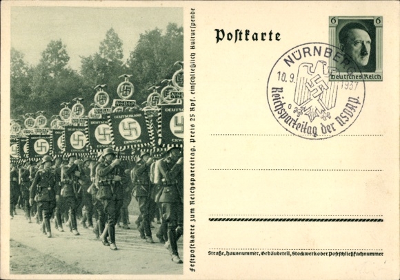 Postal stationery Postcard Reichsparteitag Nürnberg, Standard Bearer, NSDAP