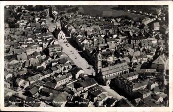 Postcard Deggendorf in the Bavarian Forest of Lower Bavaria, aerial view of the city