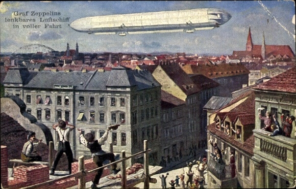 Postcard Graf Zeppelin's dirigible airship in full speed, bricklayers, cheering spectators