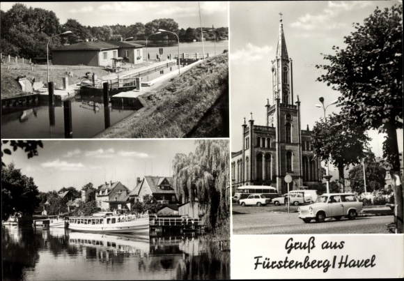 Ak Fürstenberg op de Havel, sluis, kerk, schip