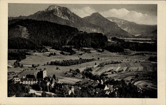 Postcard Neubeuern in Upper Bavaria, landscape with Berge Castle in the background, aerial photograph