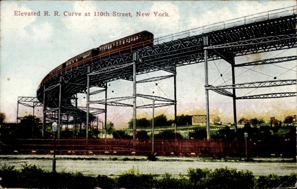 Postcard New York City USA, elevated RR curve at 110th Street