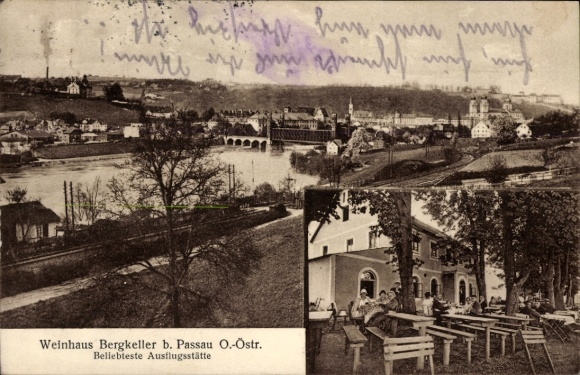 Postcard Passau in Lower Bavaria, Weinhaus Bergkeller, total view of the town