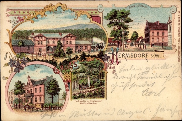 Chromo-Litho Berlin Reinickendorf Hermsdorf, Hermsdorf in the Mark, Restaurant Waldschlösschen, train station