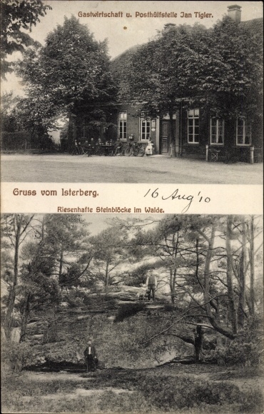 Ak Isterberg Grafschaft Bentheim, herberg, postkantoor Jan Tigler, gigantische steenblokken