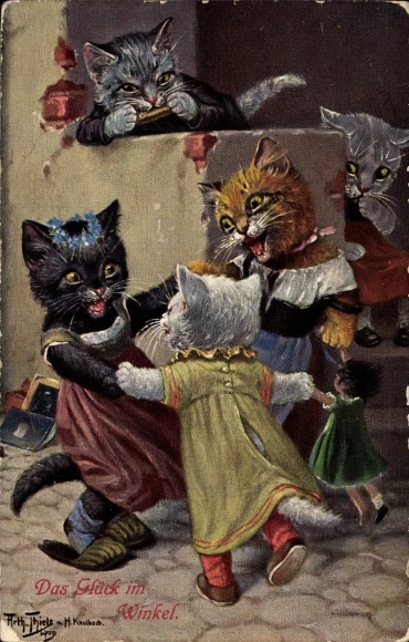 Kunstenaar Ak Thiele, Arthur, Het geluk in de hoek, gehumaniseerde katten