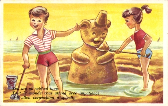 Ak Ostseebad Niendorf Timmendorfer Strand, Zwei Kinder bauen eine Sandburg am Strand. Ein Jung...