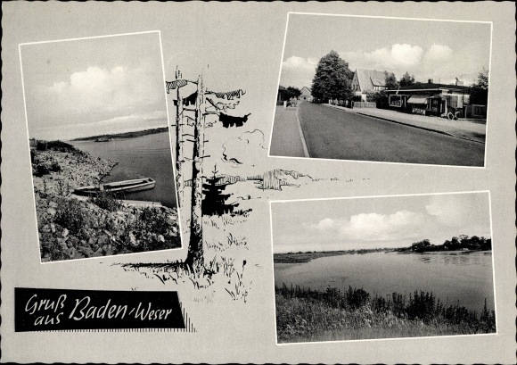Postcard Baden Achim near Bremen, boat on the shore, business, lake view