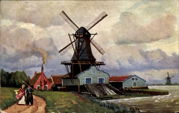 Artist Postcard Windmills, Couple in Folk Costumes