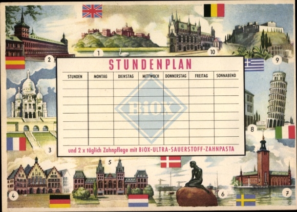 Timetable BIOX fluor tooth protection paste, European sights around 1960
