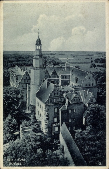 Ak Oleśnica Oels Schlesien, Schloss Oels, beeindruckende Architektur, Landschaft im Hintergrund, 