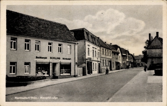 Postcard Hermsdorf in Thuringia, main street, bookstore