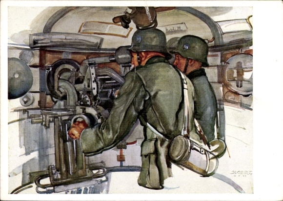 Artist Postcard Janesch, Albert, In the 6th embrasure tower of a work on the Upper Rhine, Westwall