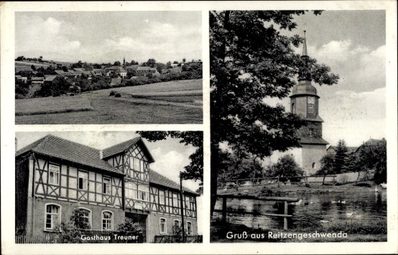 Postcard Reitzengeschwenda Drognitz Thuringia, general view, guest house Treuner, church