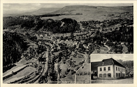Postcard Grimmelshofen Stühlingen in the Black Forest Baden, aerial photograph, guest house near Wutachbrücke