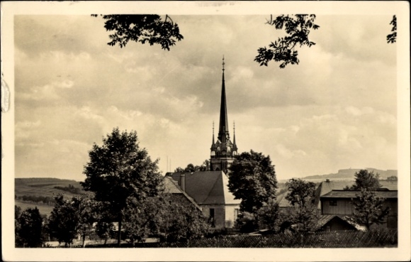 Postcard Dörfel Marienberg in the Ore Mountains, church tower, trees, clouds, black and white photography