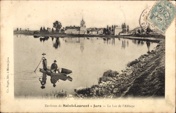 Postcard Saint Laurent Jura, landscape with lake, boat, village, church, calm water surface