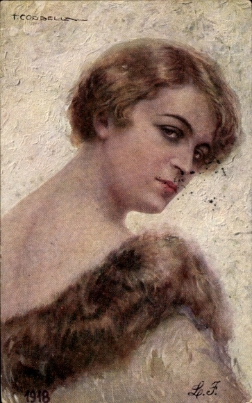 Artist Postcard Corbella, T., portrait of a young woman, fur collar