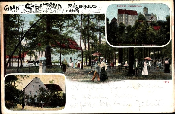 Chromo-Litho Gnandstein Kohren Sahlis in Saxony, castle, Jägerhaus Streitwald, guests in the garden