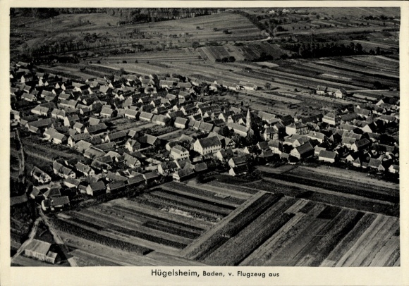 Postcard Hügelsheim am Rhein, aerial photograph