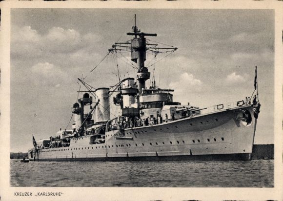Postcard German warship, cruiser Karlsruhe, Kriegsmarine