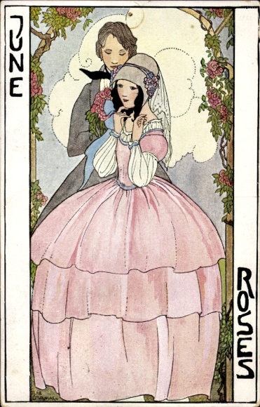 Künstler Ak Cramer, Rie, June, Roses, Allegorie, Liebespaar