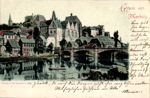 Postcard Marburg an der Lahn, historical city view, river with boat, bridge, buildings, mountain scenery