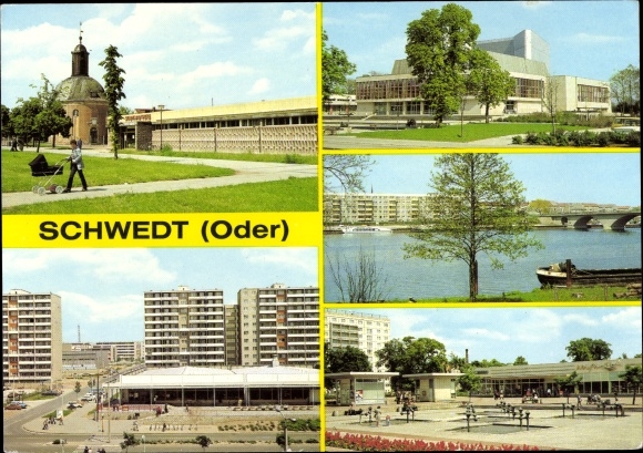 Postcard Schwedt an der Oder, Liberation Square, French Church, district culture house, HO department store