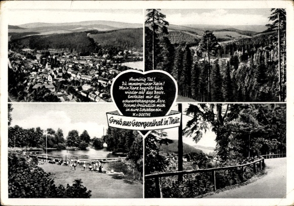 Ak Georgenthal in Thüringen, Aumilia Tal, Berge, Wälder, See, Goethe Zitat
