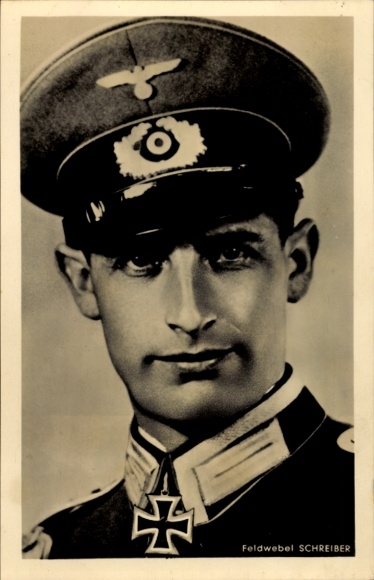 Zdjęcie sierżanta Josefa Schreibera, odznaczonego Krzyżem Rycerskim, Wehrmacht, portret, II wojna światowa, zdjęcie Hoffmann R 128