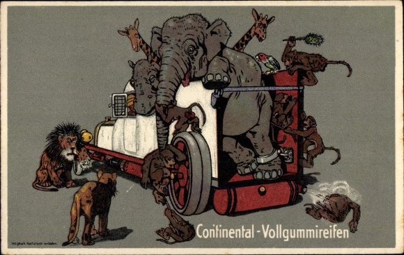 Postcard Continental solid rubber tires, automobile, elephant, lion, giraffe, monkey, advertisement