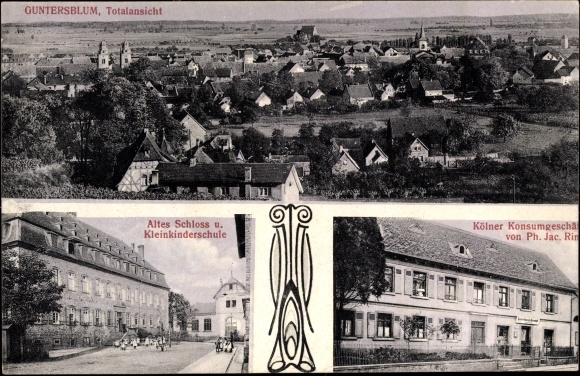 Ak Guntersblum am Rhein, Kleinkinderschule, Kölner Konsumgeschäft, altes Schloss, Totalansicht