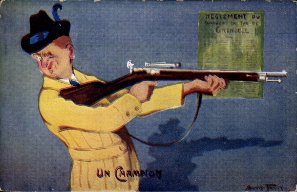 Künstler Ak Mann in gelbem Mantel, Hut, Jäger, Gewehr