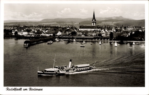 Postcard Radolfzell am Bodensee, city view, Lake Constance, steamship, church, sailboats