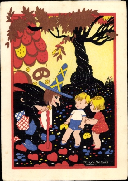 Artist Postcard Schermelé, Willy, Hansel and Gretel, fairy tales, Brothers Grimm, witch