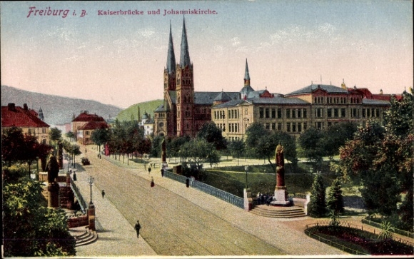 Ak Freiburg im Breisgau,  Kaiserbrücke, Johanniskirche, Denkmal